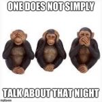 See no Evil Hear no Evil Speak no Evil | ONE DOES NOT SIMPLY; TALK ABOUT THAT NIGHT | image tagged in see no evil hear no evil speak no evil | made w/ Imgflip meme maker