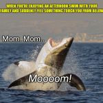 That scary moment | WHEN YOU'RE ENJOYING AN AFTERNOON SWIM WITH YOUR FAMILY AND SUDDENLY FEEL SOMETHING TOUCH YOU FROM BELOW; Mom. Mom.. Moooom! | image tagged in shark breaching,shark week,humor | made w/ Imgflip meme maker