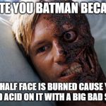 Two Face | I HATE YOU BATMAN BECAUSE; MY HALF FACE IS BURNED CAUSE YOU FARTED ACID ON IT WITH A BIG BAD SMELLL | image tagged in two face | made w/ Imgflip meme maker