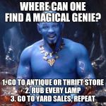 Aladdin | WHERE CAN ONE FIND A MAGICAL GENIE? 1. GO TO ANTIQUE OR THRIFT STORE
2. RUB EVERY LAMP
3. GO TO YARD SALES, REPEAT | image tagged in aladdin | made w/ Imgflip meme maker