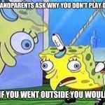 sarcastic spongebob | WHEN GRANDPARENTS ASK WHY YOU DON'T PLAY OUTSIDE; MAYBE IF YOU WENT OUTSIDE YOU WOULD KNOW | image tagged in sarcastic spongebob | made w/ Imgflip meme maker