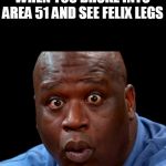 Suprised Shaq | WHEN YOU BROKE INTO AREA 51 AND SEE FELIX LEGS | image tagged in suprised shaq | made w/ Imgflip meme maker