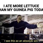 Hulk Win | I ATE MORE LETTUCE THAN MY GUINEA PIG TODAY. | image tagged in hulk win | made w/ Imgflip meme maker