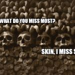 Should have | WHAT DO YOU MISS MOST? SKIN, I MISS SKIN | image tagged in should have | made w/ Imgflip meme maker