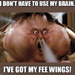 Don't think, feel. | I DON'T HAVE TO USE MY BRAIN. I'VE GOT MY FEE WINGS! | image tagged in big trouble in little china | made w/ Imgflip meme maker