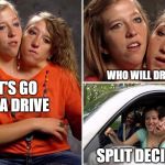 Siamese twins Week | WHO WILL DRIVE? LET'S GO FOR A DRIVE; SPLIT DECISION | image tagged in siamese twins | made w/ Imgflip meme maker