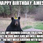 Birthday Bear | HAPPY BIRTHDAY, AMES; LIKE MY BROWN COUSIN TOLD YOU, GET IN OUR WAY AND WE WILL MAUL YOU - DO NOT MESS AROUND WITH BEARS! | image tagged in birthday bear | made w/ Imgflip meme maker