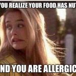 Uh oh | WHEN YOU REALIZE YOUR FOOD HAS NUTS IN IT; AND YOU ARE ALLERGIC | image tagged in uh oh | made w/ Imgflip meme maker