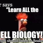 Beaker Science | Beaker says; "Learn ALL the; CELL BIOLOGY!!!"; You should listen to Beaker | image tagged in beaker science | made w/ Imgflip meme maker