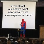 Spider-Man presentation | if we all set our spawn point near area 51 we can respawn in there | image tagged in spider-man presentation | made w/ Imgflip meme maker