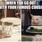 Cats and bliksem | WHEN YOU GO OUT WITH YOUR FAMOUS COUSIN | image tagged in cats and bliksem | made w/ Imgflip meme maker