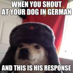 Doggo in soviet Russia... | WHEN YOU SHOUT AT YOUR DOG IN GERMAN; AND THIS IS HIS RESPONSE | image tagged in doggo in soviet russia | made w/ Imgflip meme maker