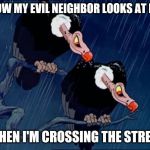 Disney Cartoon Vulture | HOW MY EVIL NEIGHBOR LOOKS AT ME; WHEN I'M CROSSING THE STREET | image tagged in disney cartoon vulture | made w/ Imgflip meme maker