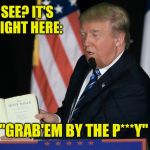 Trump Bible | SEE? IT'S RIGHT HERE:; "GRAB'EM BY THE P***Y" | image tagged in trump bible | made w/ Imgflip meme maker