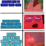 Spongebob stuff | ROCKO MODERN LIFE TV SHOW 1993-1996; ROCKO MODERN LIFE: STATIC CLING 2019 MOVIE SHORT; ROCKO MODERN LIFE MOVIE: ANIMALS OUT OF O'TOWN FULL MOVIE 2021 | image tagged in spongebob stuff,rocko's modern life | made w/ Imgflip meme maker