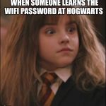 the face you make when someone says they hate harry potter | WHEN SOMEONE LEARNS THE WIFI PASSWORD AT HOGWARTS | image tagged in the face you make when someone says they hate harry potter | made w/ Imgflip meme maker