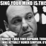 Tony Soprano Admin Gangster | LOSING YOUR MIND IS THIS... I THOUGHT I WAS TONY SOPRANO. TURNS OUT I WAS ACTUALLY HOMER SIMPSON. D'OH!!! | image tagged in tony soprano admin gangster | made w/ Imgflip meme maker