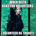 Hunger games | WHEN DELTA ASKS FOR VOLUNTEERS; I VOLUNTEER AS TRIBUTE | image tagged in hunger games | made w/ Imgflip meme maker