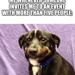 Cringe laugh puppy | ME WHENEVER SOMEONE INVITES ME TO AN EVENT WITH MORE THAN FIVE PEOPLE; | image tagged in cringe laugh puppy | made w/ Imgflip meme maker