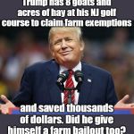 This is called tax evasion! | Trump has 8 goats and acres of hay at his NJ golf course to claim farm exemptions; and saved thousands of dollars. Did he give himself a farm bailout too? | image tagged in tax evasion with all properties,pays no taxes,destroys farm markets,real farmers are hurting,biggest loser,jerk | made w/ Imgflip meme maker