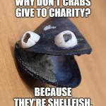 dadjoke mussel | WHY DON’T CRABS GIVE TO CHARITY? BECAUSE THEY’RE SHELLFISH. | image tagged in dadjoke mussel | made w/ Imgflip meme maker