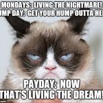 Living the dream | MONDAYS:  LIVING THE NIGHTMARE!  HUMP DAY:  GET YOUR HUMP OUTTA HERE! PAYDAY:  NOW THAT'S LIVING THE DREAM! | image tagged in living the dream | made w/ Imgflip meme maker