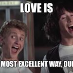Bill and Ted | LOVE IS; THE MOST EXCELLENT WAY, DUDES! | image tagged in bill and ted | made w/ Imgflip meme maker