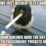Old bird's story | ONCE WE JUST NEEDED TO FLY AND PECK; NOW AIRLINES HAVE THE SKY AND PECK PASSENGERS' POCKETS INSTEAD | image tagged in piebald crow smoking a cigarette | made w/ Imgflip meme maker