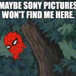 Hiding in bushes Spider-Man | MAYBE SONY PICTURES WON'T FIND ME HERE. | image tagged in hiding in bushes spider-man,sony,marvel,mcu,spiderman,super hero | made w/ Imgflip meme maker