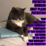 JUDGEMENT CAT | PATHETIC HUMAN! JUST PLAIN PATHETIC! YOU CAN'T EVEN DRESS YOURSELF PROPERLY! IF YOU HUMANS LISTENED TO US CATS YOU WOULDN'T BE SO PATHETIC! | image tagged in judgement cat | made w/ Imgflip meme maker