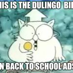 tootsie pop owl | THIS IS THE DULINGO  BIRD; IN BACK TO SCHOOL ADS | image tagged in tootsie pop owl | made w/ Imgflip meme maker