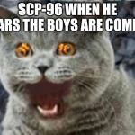 lolcat | SCP-96 WHEN HE HEARS THE BOYS ARE COMING | image tagged in lolcat,me and the boys week | made w/ Imgflip meme maker