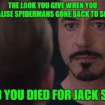 Marvel Civil War 1 Iron Man | THE LOOK YOU GIVE WHEN YOU REALISE SPIDERMANS GONE BACK TO SONY; AND YOU DIED FOR JACK SHIT | image tagged in marvel civil war 1 iron man | made w/ Imgflip meme maker