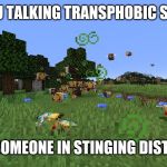 Angry Trans Rights Minecraft Bee | YOU TALKING TRANSPHOBIC SHIT; FOR SOMEONE IN STINGING DISTANCE | image tagged in angry trans rights minecraft bee | made w/ Imgflip meme maker