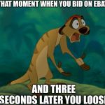 Baffled | THAT MOMENT WHEN YOU BID ON EBAY; AND THREE SECONDS LATER YOU LOOSE | image tagged in baffled timon | made w/ Imgflip meme maker