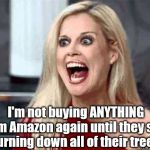 Amazon | I'm not buying ANYTHING from Amazon again until they stop burning down all of their trees. | image tagged in dumb blonde,amazon | made w/ Imgflip meme maker