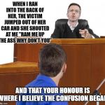 Confusion | WHEN I RAN INTO THE BACK OF HER, THE VICTIM JUMPED OUT OF HER CAR AND SHE SHOUTED AT ME "RAM ME UP THE ASS WHY DON'T YOU"; AND THAT YOUR HONOUR IS WHERE I BELIEVE THE CONFUSION BEGAN | image tagged in man talking to judge,ass,court,funny,funny memes,funny meme | made w/ Imgflip meme maker