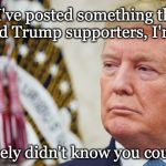 If I've posted something that offended Trump supporters, I'm sorry. I genuinely didn't know you could read. | image tagged in trump,politics | made w/ Imgflip meme maker