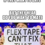 Flex Tape Can’t Fix That | WHEN YOU ASK SOMEONE IF THEY WANT TO DATE; BUT THEY HEAR DO YOU WANT TO MATE | image tagged in flex tape cant fix that | made w/ Imgflip meme maker
