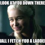 Daenerys smile | LOOK AT YOU DOWN THERE; SHALL I FETCH YOU A LADDER? | image tagged in daenerys smile | made w/ Imgflip meme maker