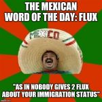 Mexican word of the day | THE MEXICAN WORD OF THE DAY: FLUX; "AS IN NOBODY GIVES 2 FLUX ABOUT YOUR IMMIGRATION STATUS" | image tagged in mexican word of the day | made w/ Imgflip meme maker