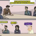 Board Room Idiot | LISTEN UP! WE NEED HOT NEW SUGGESTIONS FOR SMASH DLC CHARACTERS! TRAVIS TOUCHDOWN! DANTE! STEVE! | image tagged in board room idiot | made w/ Imgflip meme maker