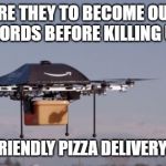 Drones, friend or foe? you make the call. | ARE THEY TO BECOME OUR OVERLORDS BEFORE KILLING US ALL; OR JUST FRIENDLY PIZZA DELIVERY THINGS? | image tagged in amazon drone,fun,memes,pizza | made w/ Imgflip meme maker