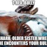 Do not bully those who have these kinds of siblings. | T-REX: BULLY; SHARK: OLDER SISTER WHEN SHE ENCOUNTERS YOUR BULLY. | image tagged in megalodon,funny,memes,shark,siblings | made w/ Imgflip meme maker