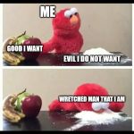 elmo | ME; GOOD I WANT; EVIL I DO NOT WANT; WRETCHED MAN THAT I AM | image tagged in elmo,christian,bible,paul,romans723,faith | made w/ Imgflip meme maker