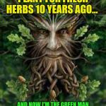 Green man | I BOUGHT ONE SMALL PLANT FOR FRESH HERBS 10 YEARS AGO... AND NOW I'M THE GREEN MAN OF THE WOOD, GOD OF THE WOODLANDS, GROWER OF ANYTHING NATURAL! | image tagged in green man | made w/ Imgflip meme maker