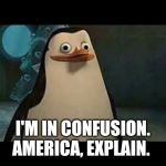 Someone on ImgFlip once said this. And I can't forget it now. | I'M IN CONFUSION. AMERICA, EXPLAIN. | image tagged in confused penguin,i'm in confusion,wut,nani | made w/ Imgflip meme maker