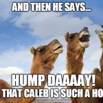 Caleb says Hump Daaaay! | AND THEN HE SAYS... HUMP DAAAAY! OH, THAT CALEB IS SUCH A HOOT! | image tagged in camel,hump day,funny memes,geico | made w/ Imgflip meme maker