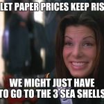 Demolition Man Sandra Bullock goofy smile | IF TOILET PAPER PRICES KEEP RISING.... WE MIGHT JUST HAVE TO GO TO THE 3 SEA SHELLS | image tagged in demolition man sandra bullock goofy smile | made w/ Imgflip meme maker