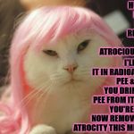 RADIOACTIVE PEE | HUMAN, IF YOU DON'T REMOVE THIS ATROCIOUS WIG; I'LL SOAK IT IN RADIOACTIVE PEE & MAKE YOU DRINK THE PEE FROM IT UNTIL YOU'RE DEAD! NOW REMOVE THIS ATROCITY THIS MINUTE! | image tagged in radioactive pee | made w/ Imgflip meme maker